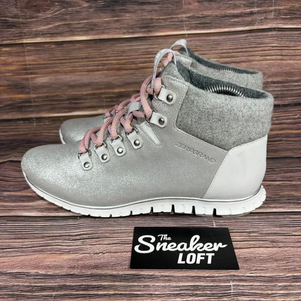 Cole Haan Zerogrand Waterproof Hiker Lace‎ Up Boots Silver Glitter Size 7.5